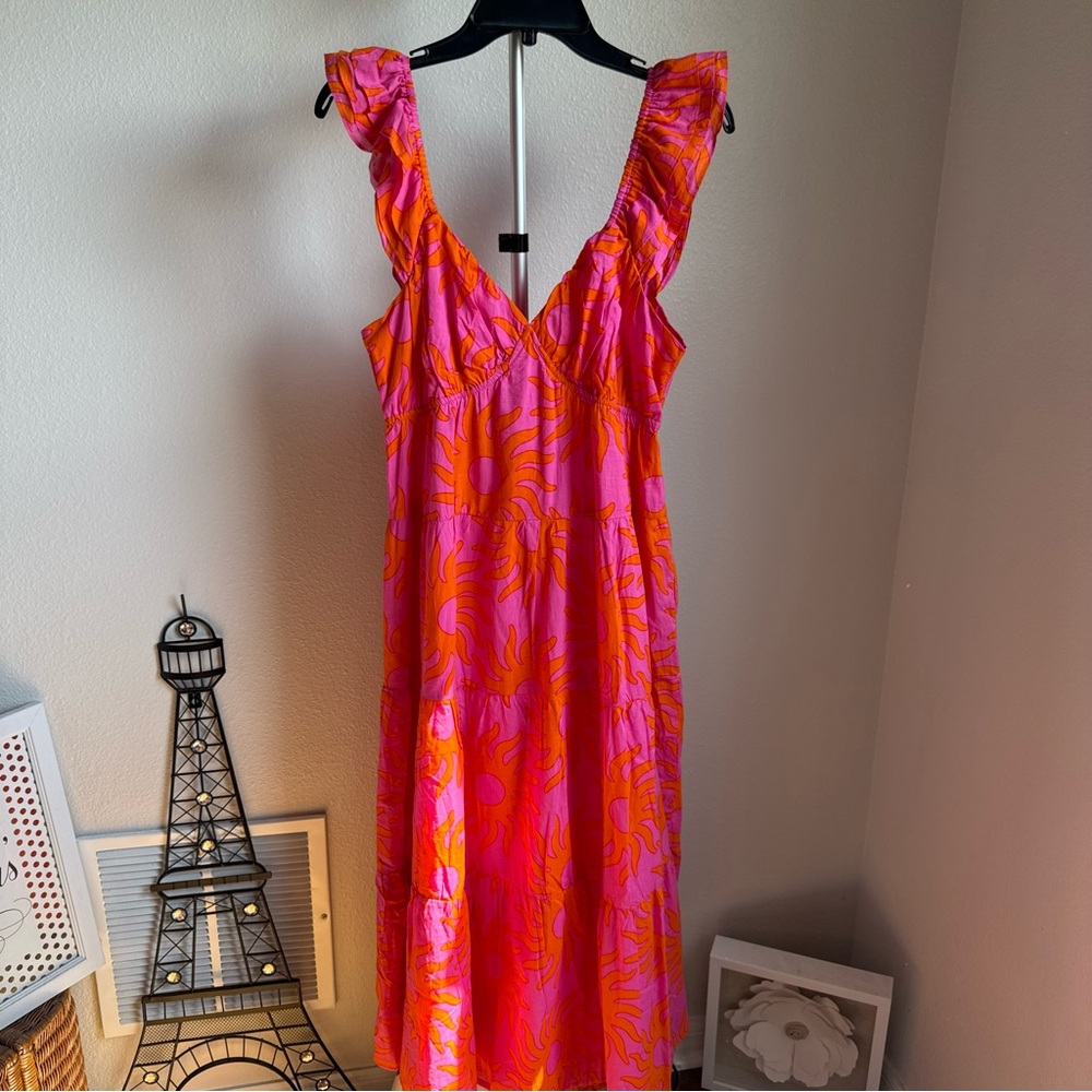 NWT J.Marie Mara Floral V-Neck Ruffle Sleeve Midi A-Line Dress Sz L - Picture 4 of 13